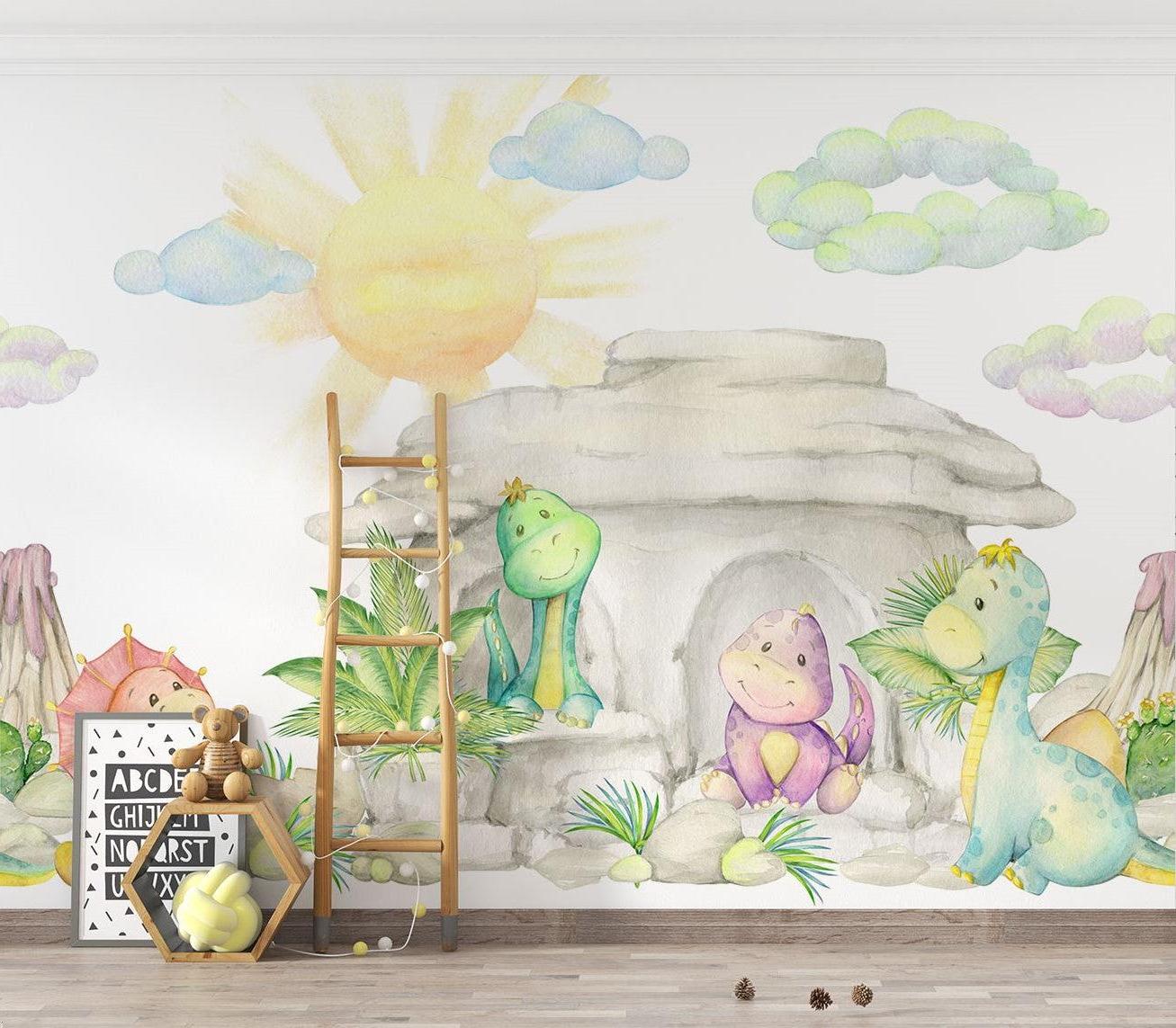 Papier Peint Mural Dinosaure | Aquarelle Pastel Caverne de Bébés Dragons