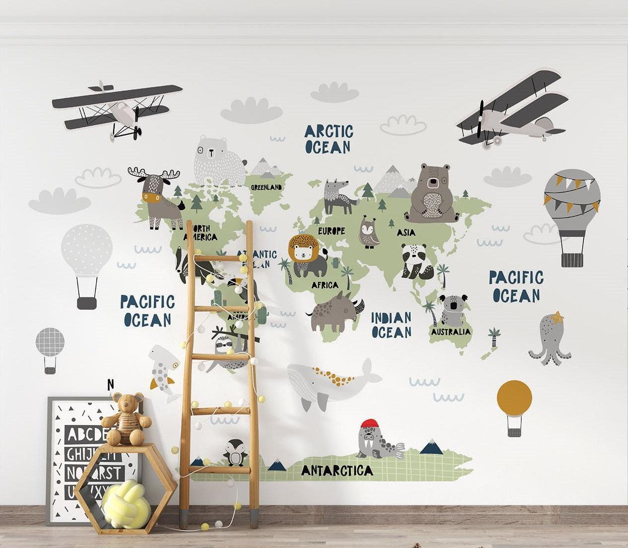 Papier Peint Mural Carte du Monde | Thème Aventure Enfants avec Animaux