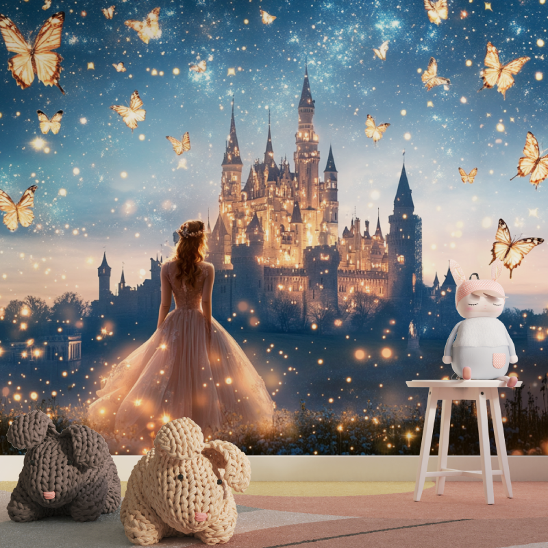 Princess Mural Wallpaper | Magical Castle with Golden Butterflies