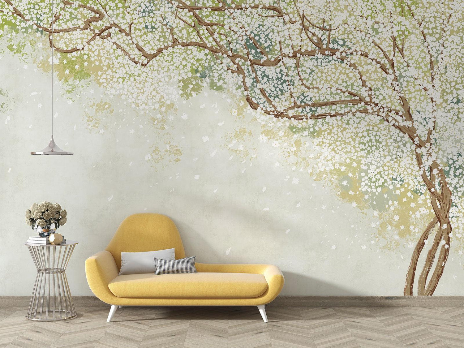 Cherry Blossom Mural Wallpaper | Soft White Watercolor Design