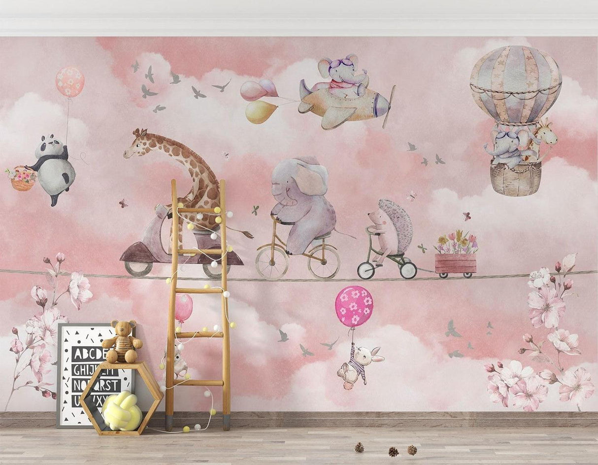 Papier Peint Mural Animaux pour Enfants | Parade d'Aventure dans le Ciel Rose