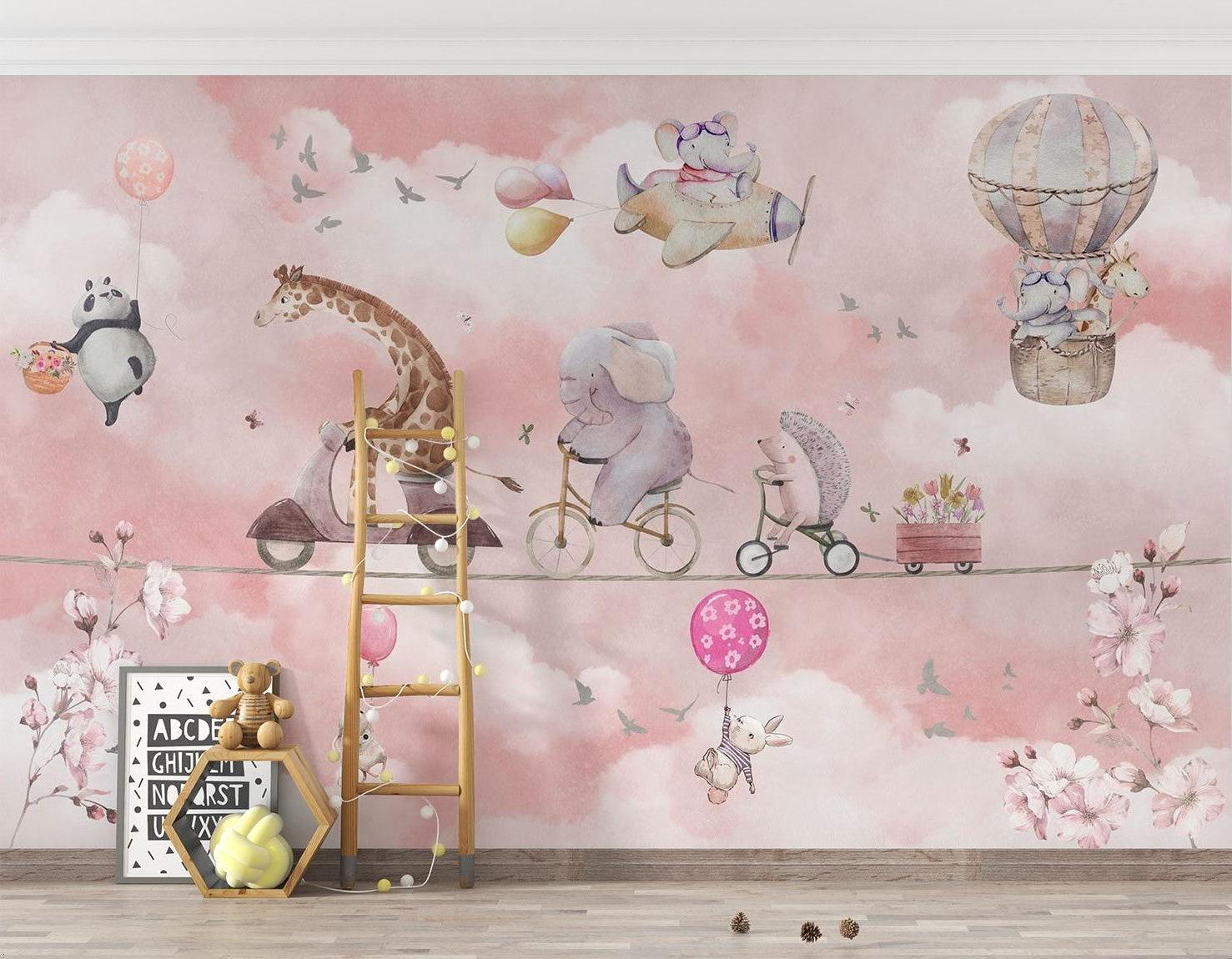 Papier Peint Mural Animaux pour Enfants | Parade d'Aventure dans le Ciel Rose