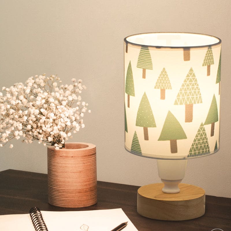 Nordic Table Lamp Woodland Pattern Shade With Wood Base - Product showcase