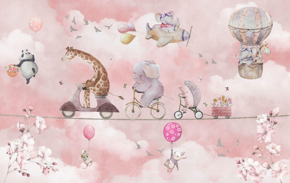 Papier Peint Mural Animaux pour Enfants | Parade d'Aventure dans le Ciel Rose