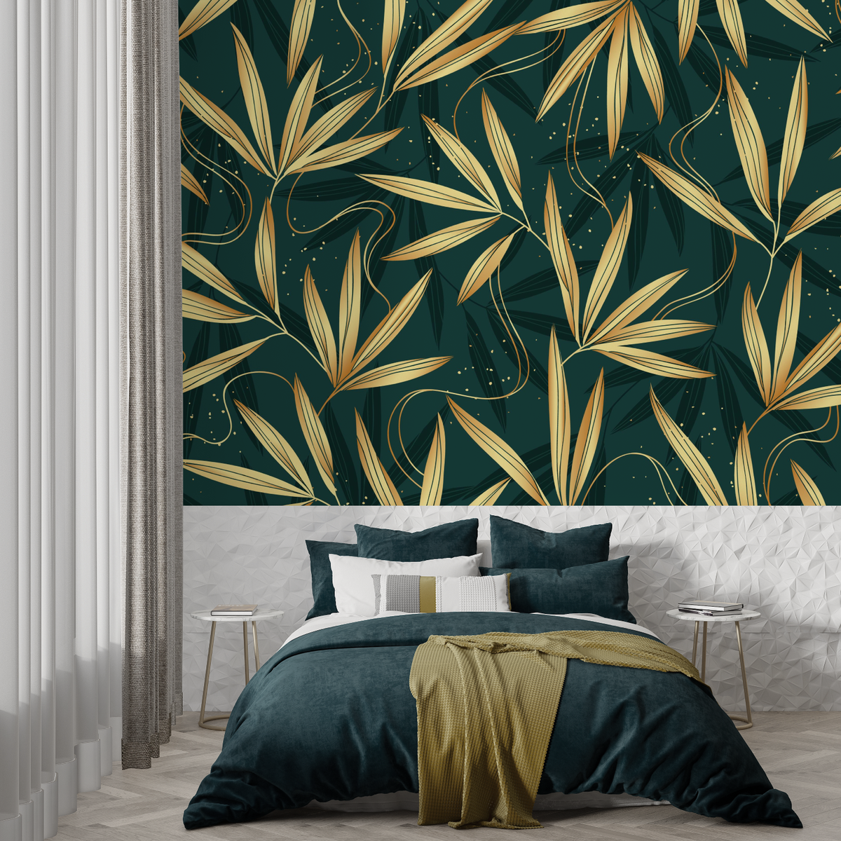 Bamboo Mural Wallpaper | Elegant Gold Leaves on Green