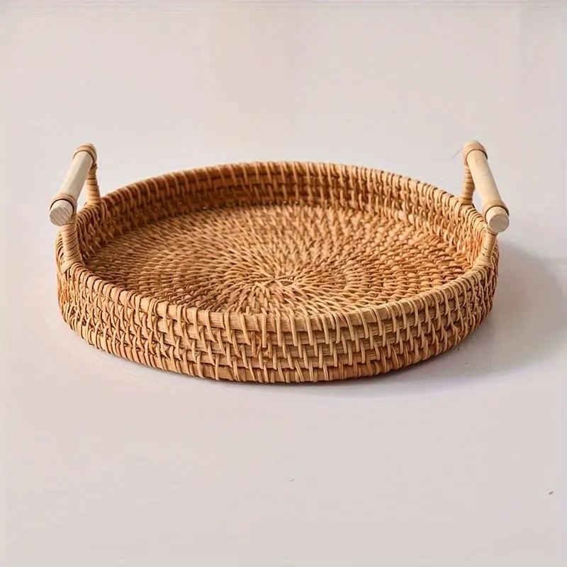 Handwoven Rattan Serving Tray Natural Wood Handles - Detailed view