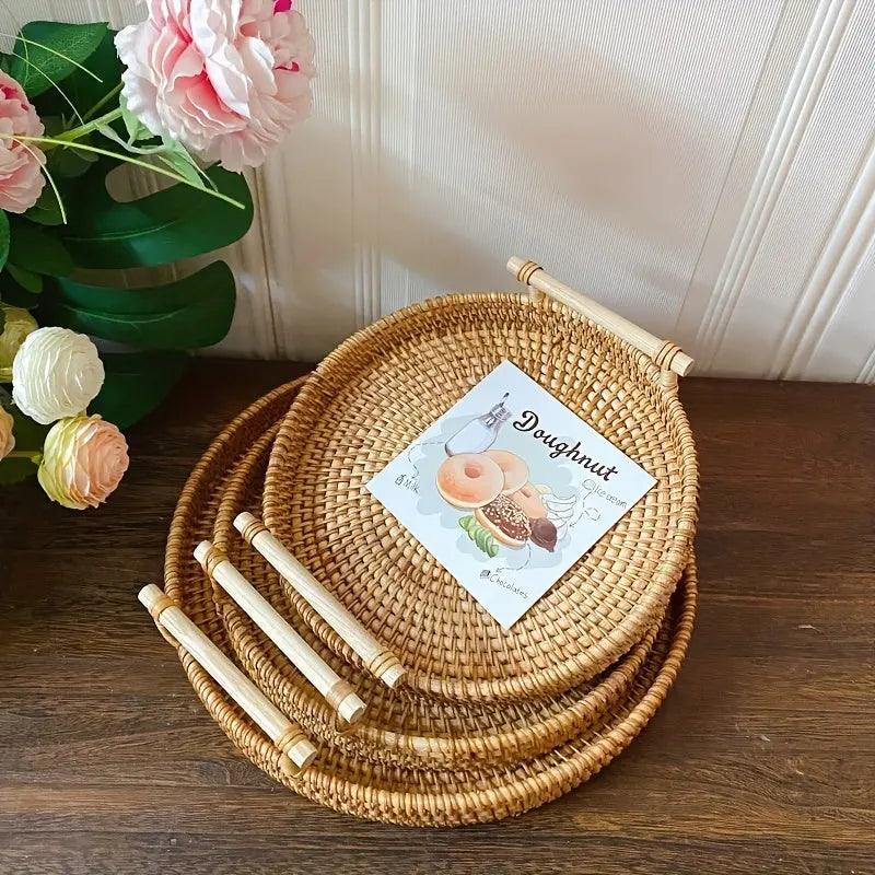 Handwoven Rattan Serving Tray Natural Wood Handles - Product detail 6