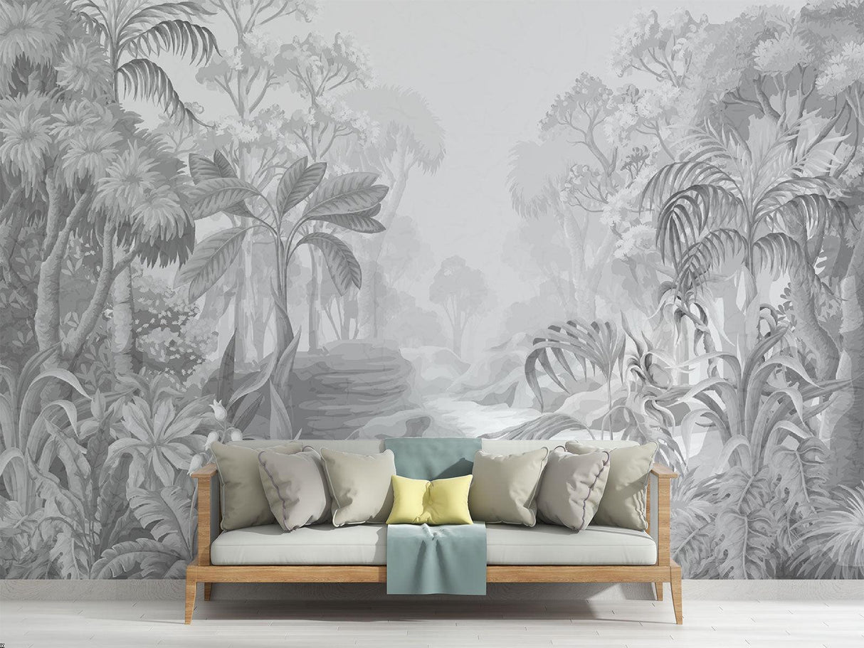 Carta da Parati Murale Tropicale | Paradiso della Giungla Monocromatico