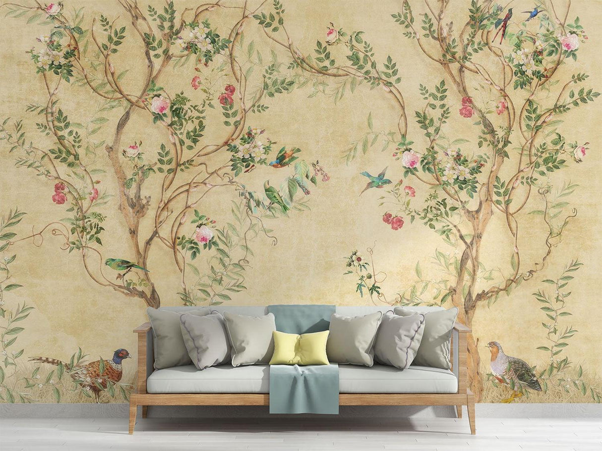 Papel Pintado Mural Floral Vintage | Diseño Chinoiserie de Pájaros y Rosas