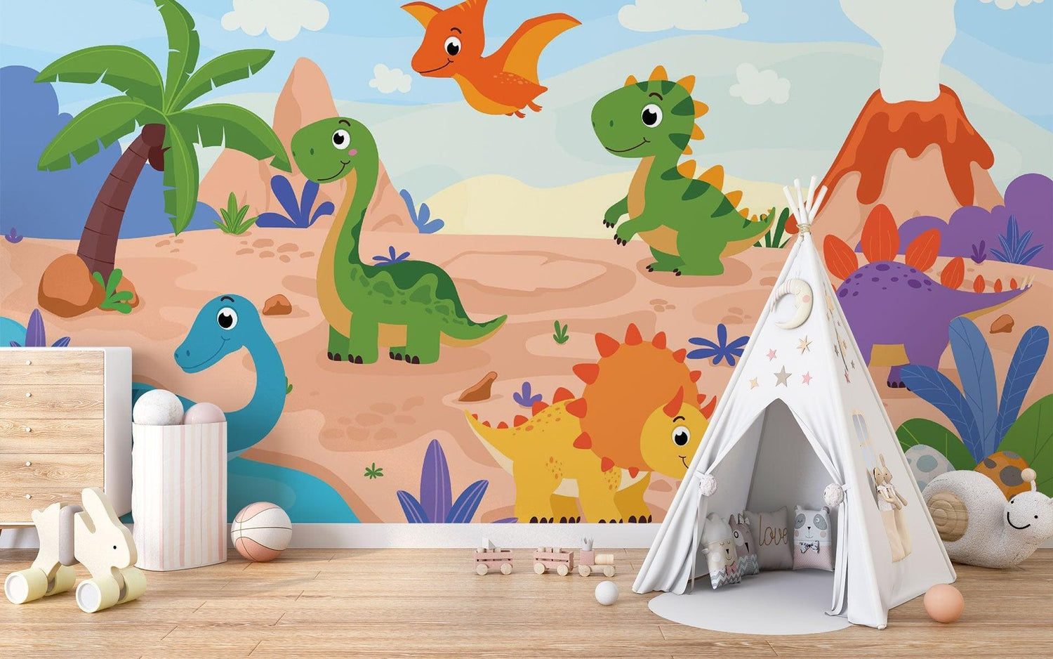 Papier Peint Mural Dinosaure | Scène d'Aventure Préhistorique Dessin Animé