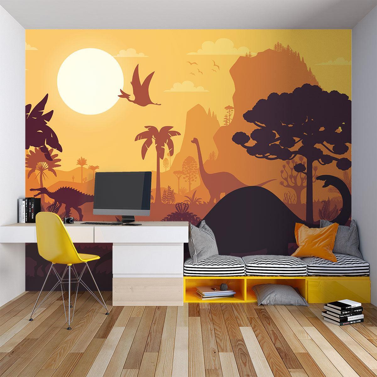 Papier Peint Mural Dinosaure | Paysage Préhistorique au Coucher du Soleil