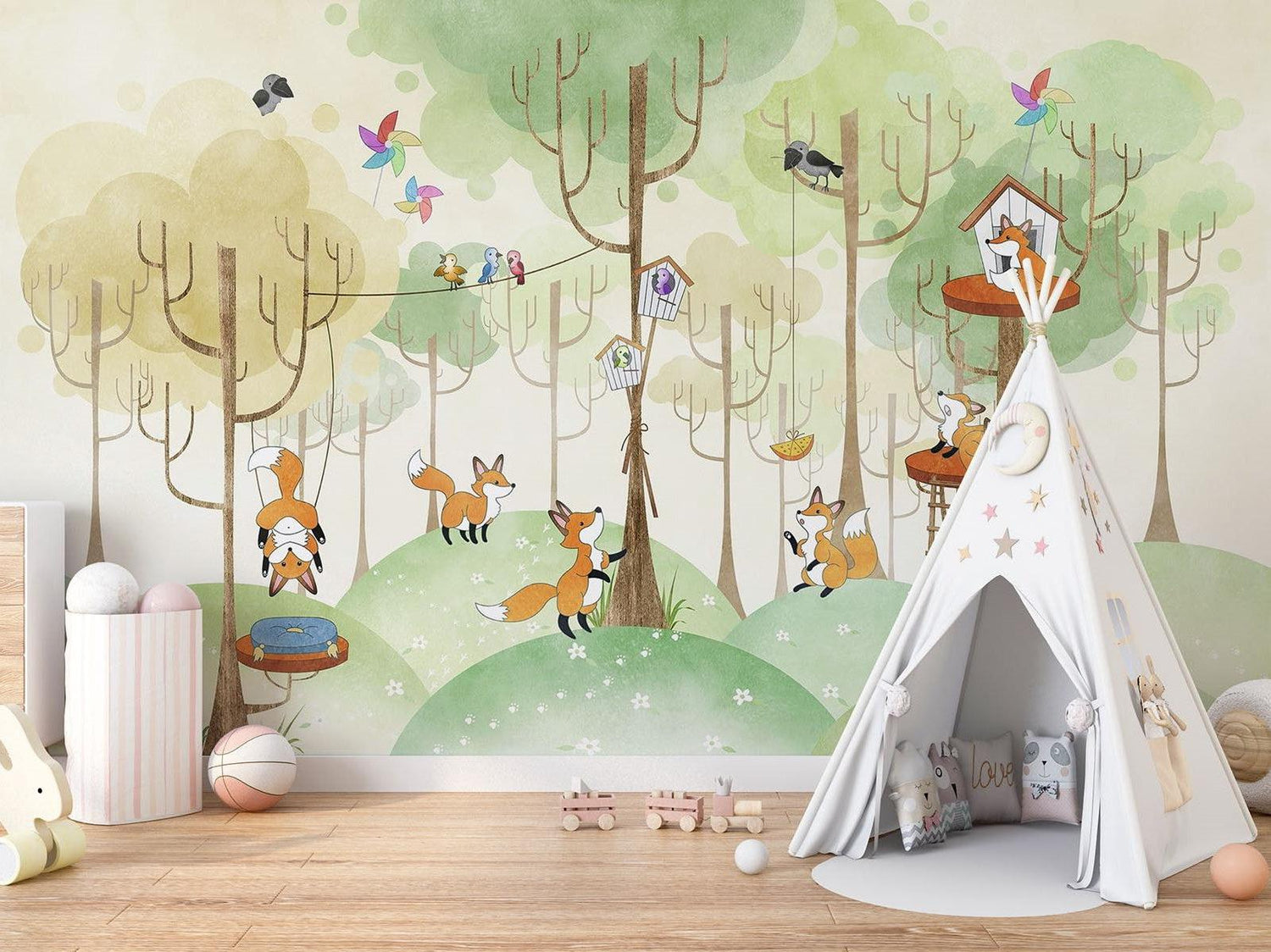 Papier Peint Mural Animaux de la Forêt | Scène de Cabane dans l'Arbre avec Renard Joueur