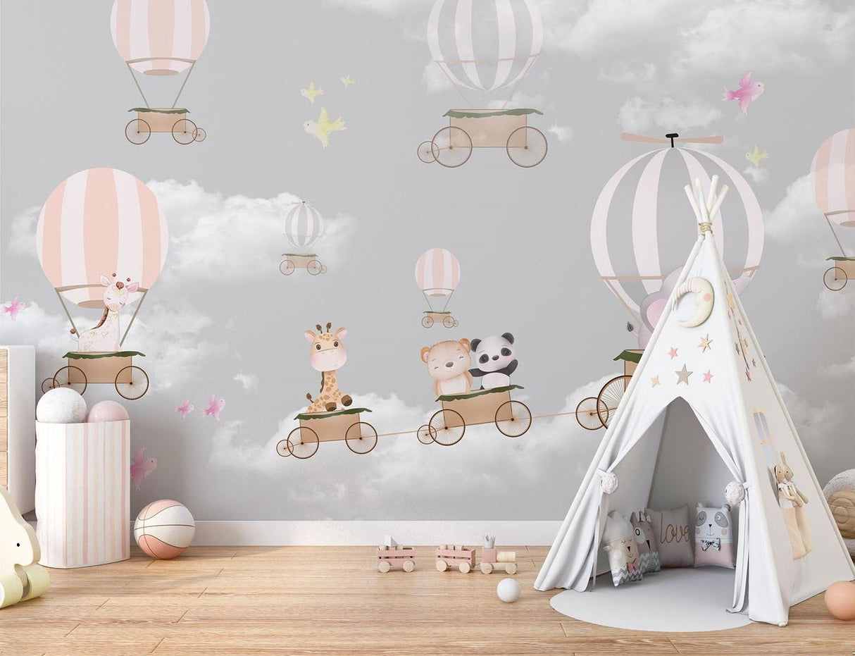 Papier Peint Mural Montgolfière | Aventure Animale en Rose et Gris