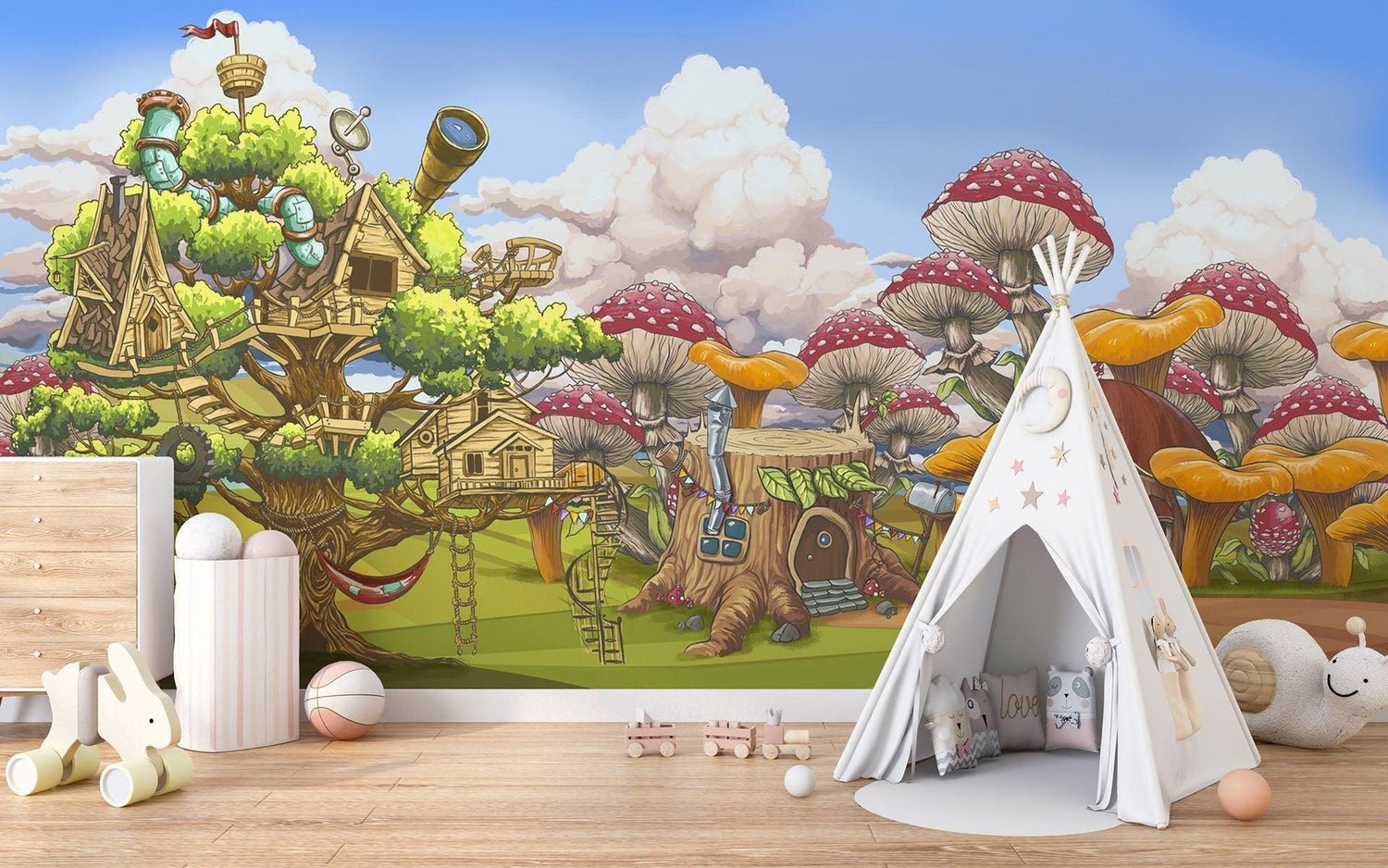 Papier Peint Mural Cabane Fantaisie | Aventure Forêt Magique aux Champignons