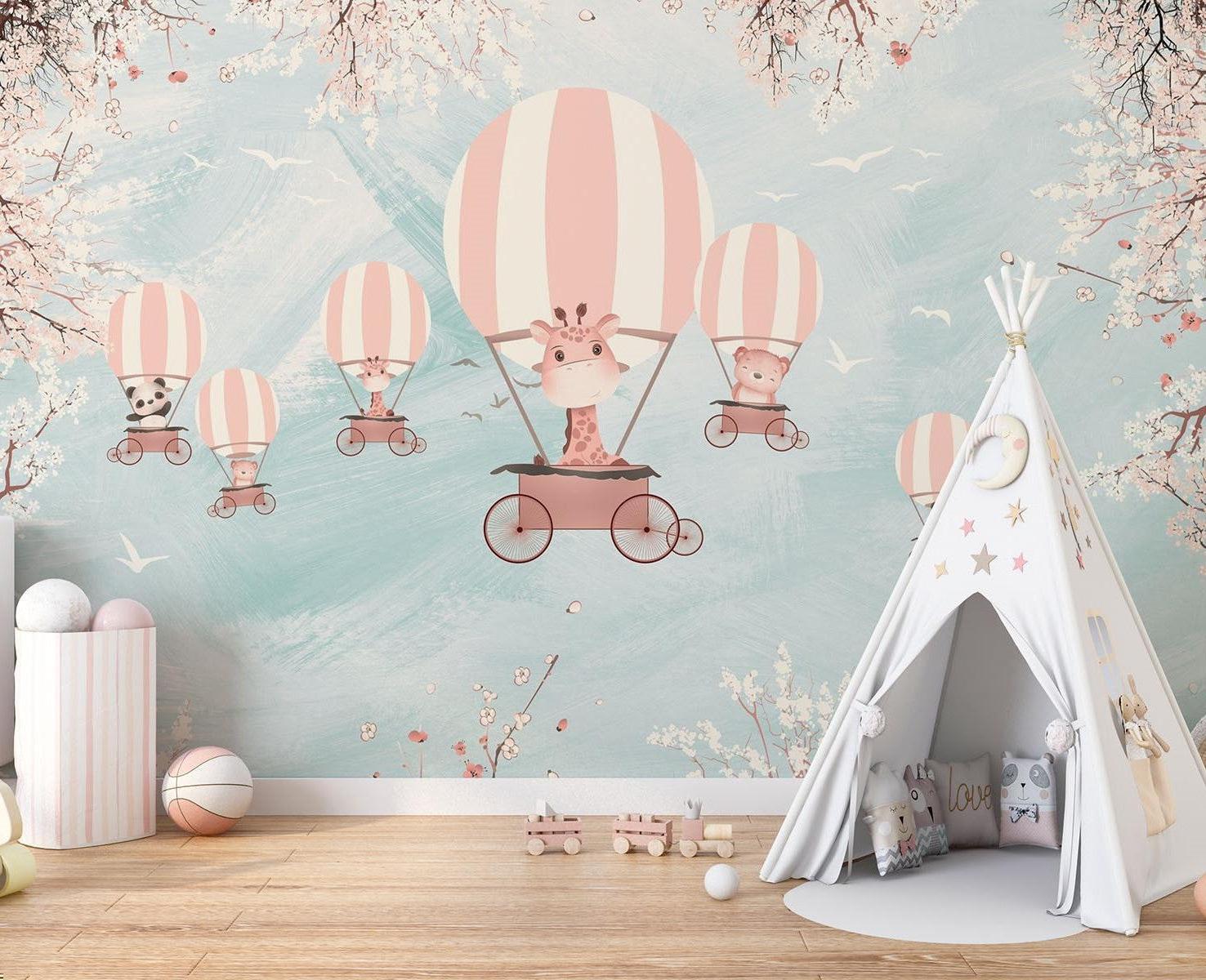 Hot Air Balloon Mural Wallpaper | Safari Animals Adventure with Cherry Blossoms