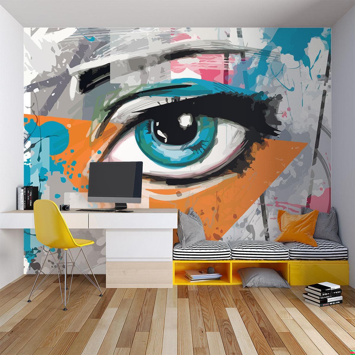Carta da Parati Murale Street Art | Occhio Vibrante con Schizzi Turchesi