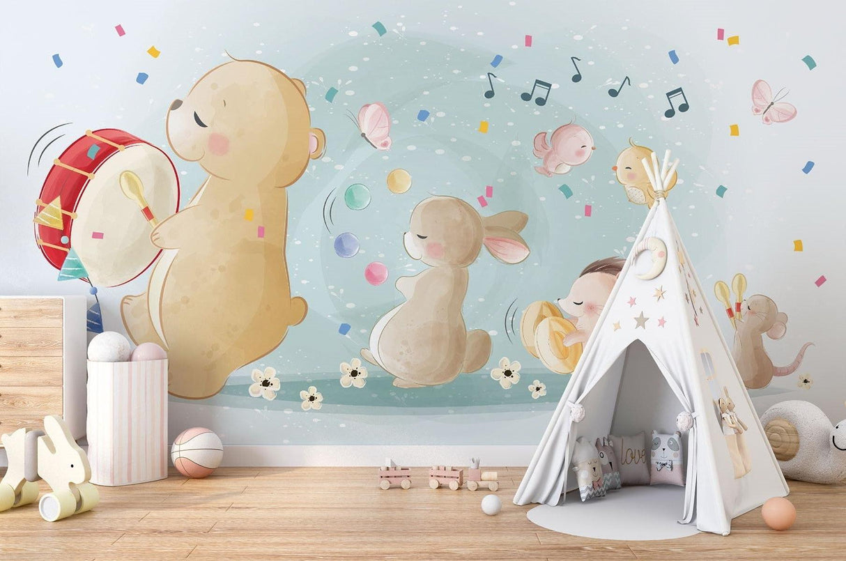 Musikalische Tiere Tapete | Verspielte Kinderzimmer-Band mit Bär und Hase