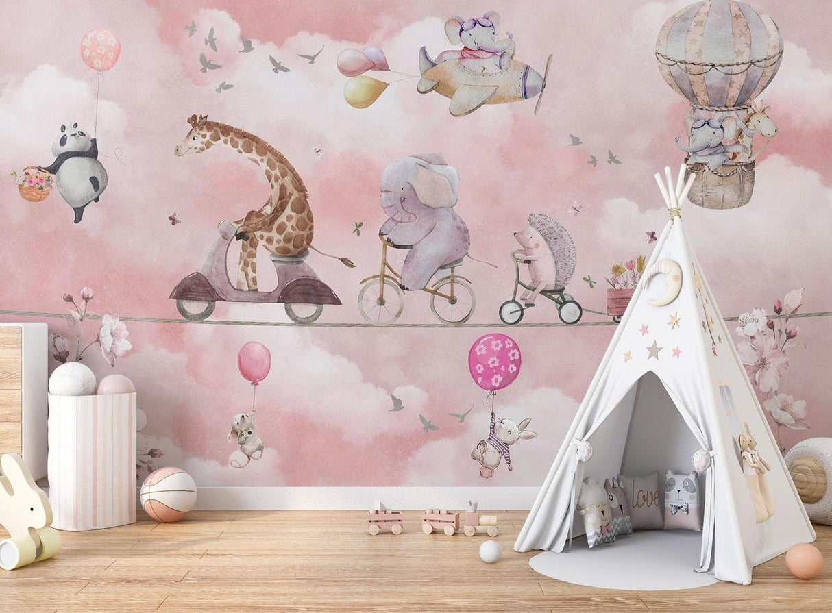 Papier Peint Mural Animaux pour Enfants | Parade d'Aventure dans le Ciel Rose