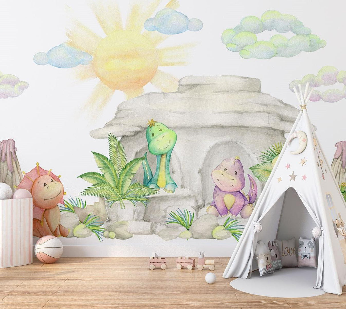 Papier Peint Mural Dinosaure | Aquarelle Pastel Caverne de Bébés Dragons