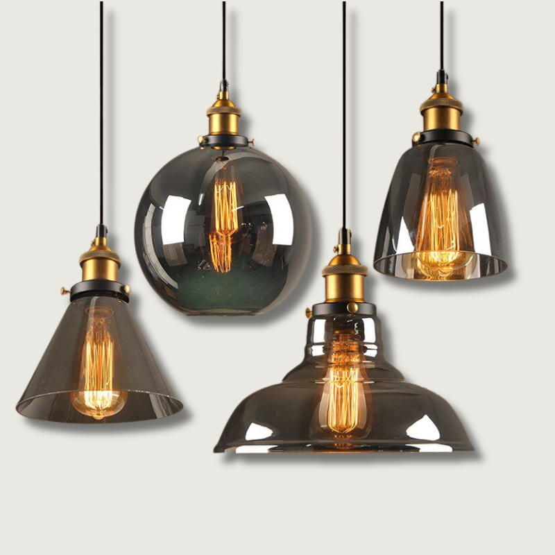 Industrial Glass Pendant Light Smoke Grey Vintage Shade - Product showcase