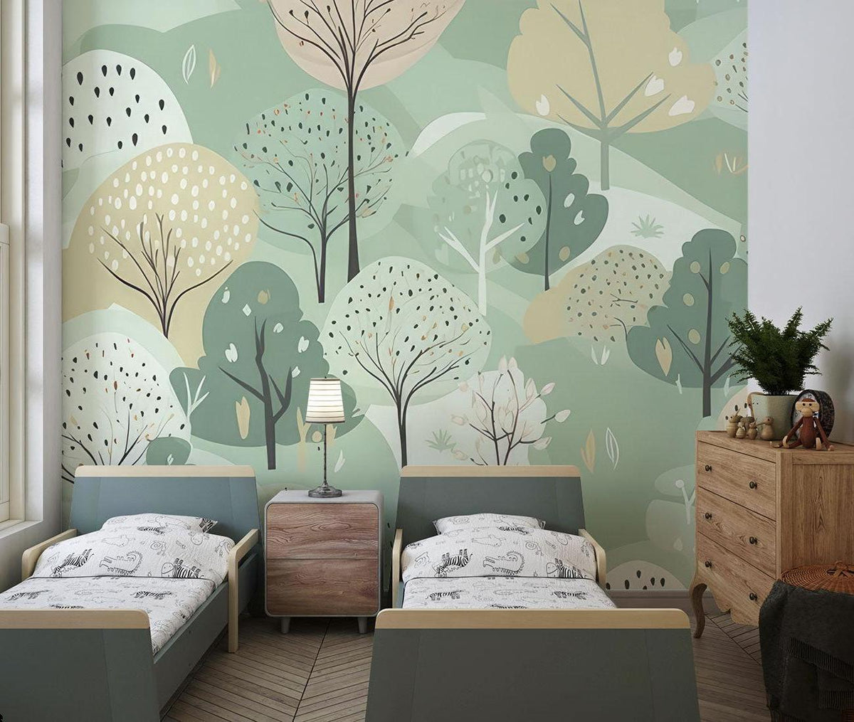 Forest Mural Wallpaper | Pastel Green Abstract Trees