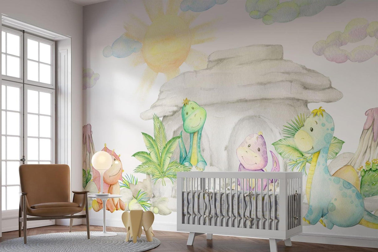 Papier Peint Mural Dinosaure | Aquarelle Pastel Caverne de Bébés Dragons
