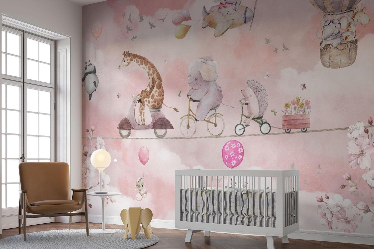 Papier Peint Mural Animaux pour Enfants | Parade d'Aventure dans le Ciel Rose