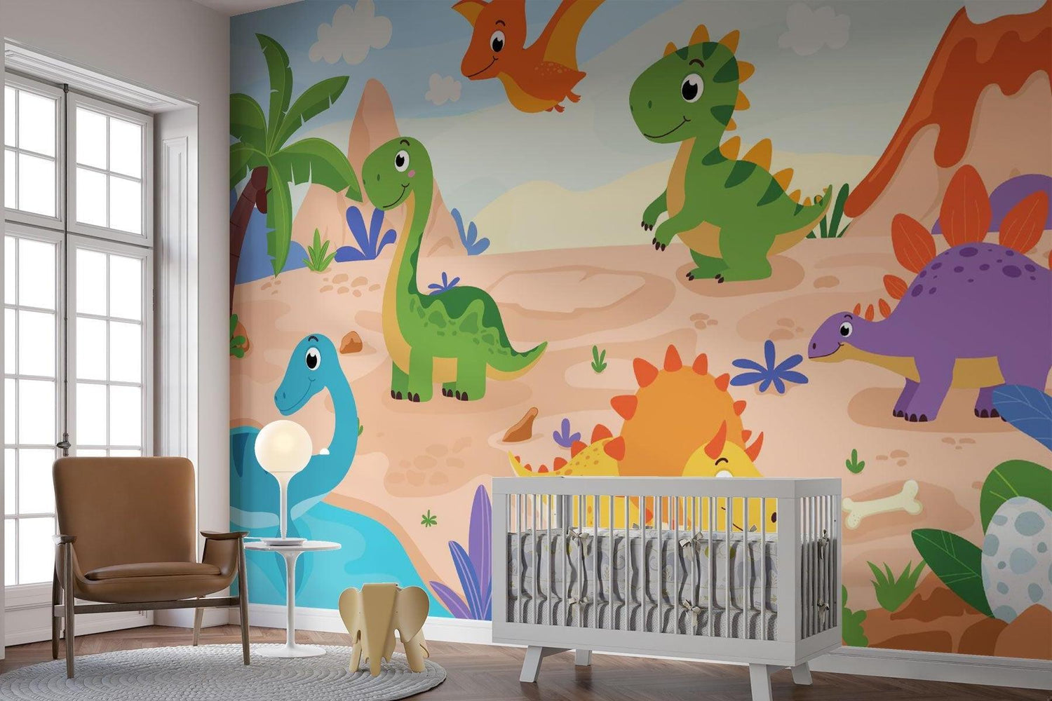 Papier Peint Mural Dinosaure | Scène d'Aventure Préhistorique Dessin Animé