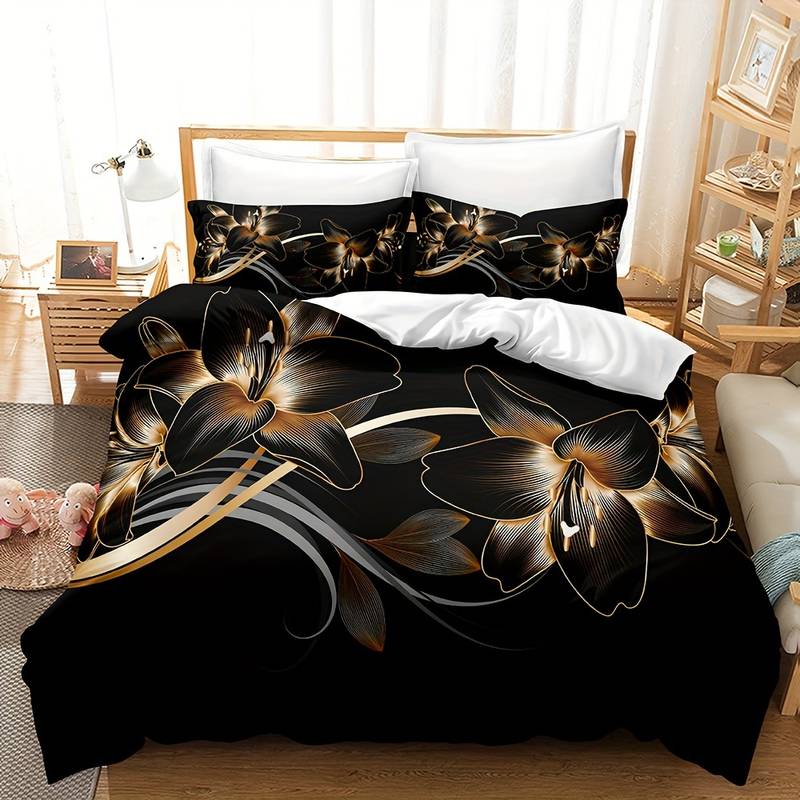 Luxury Floral Duvet Set  Black Gold Botanical Print - Product example