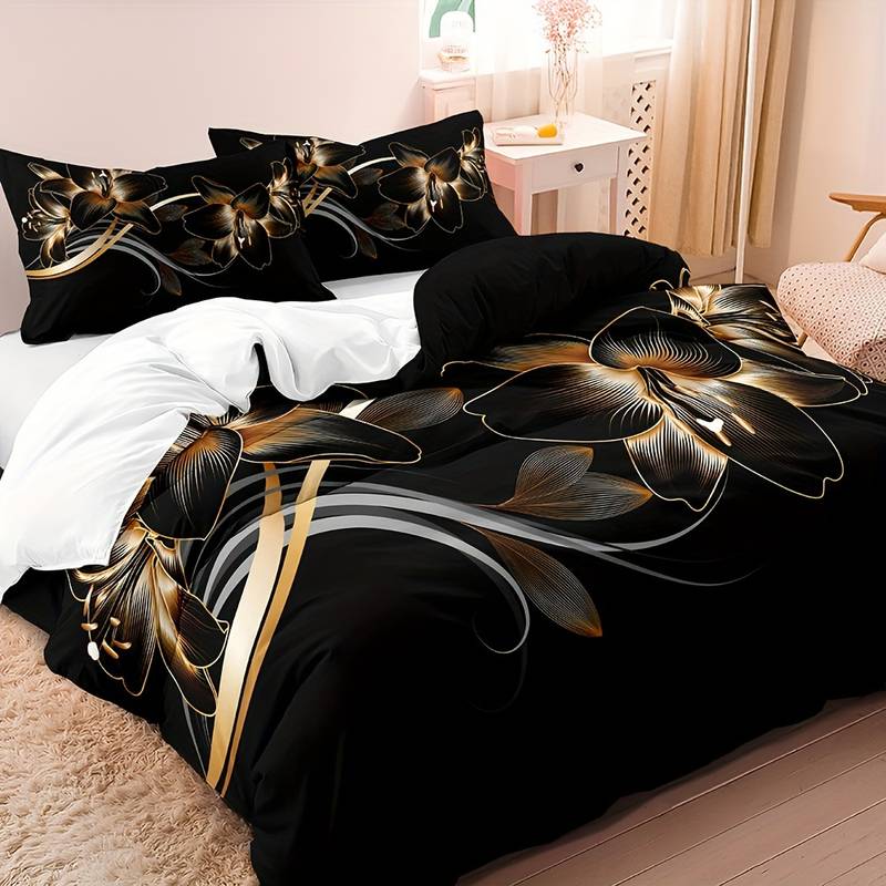 Luxury Floral Duvet Set  Black Gold Botanical Print - Detailed view