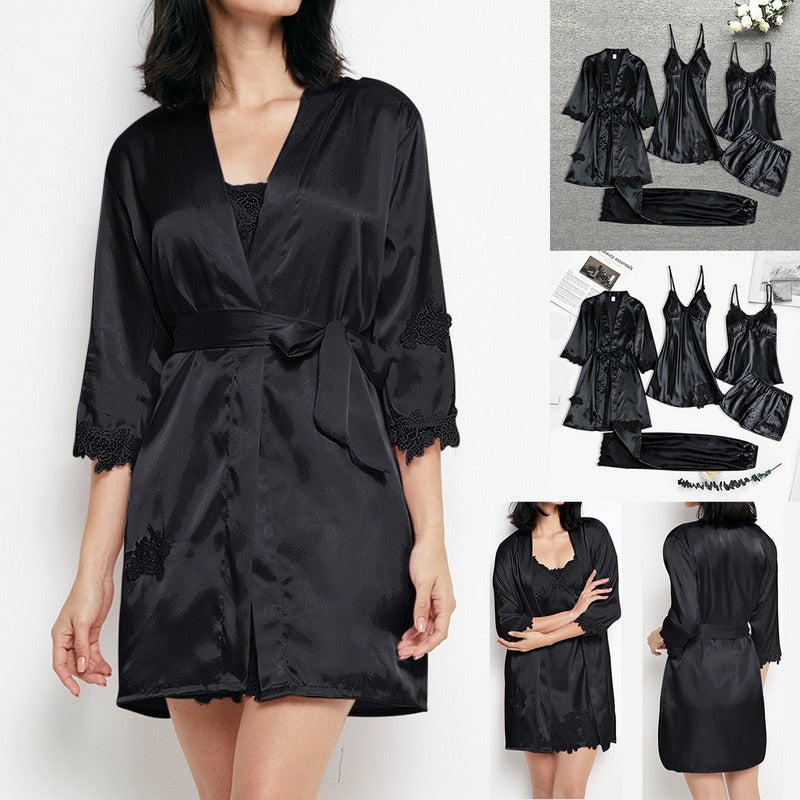 Luxury Silk Sleepwear Set Lace Trim Kimono With Cami Shorts - Product showcase