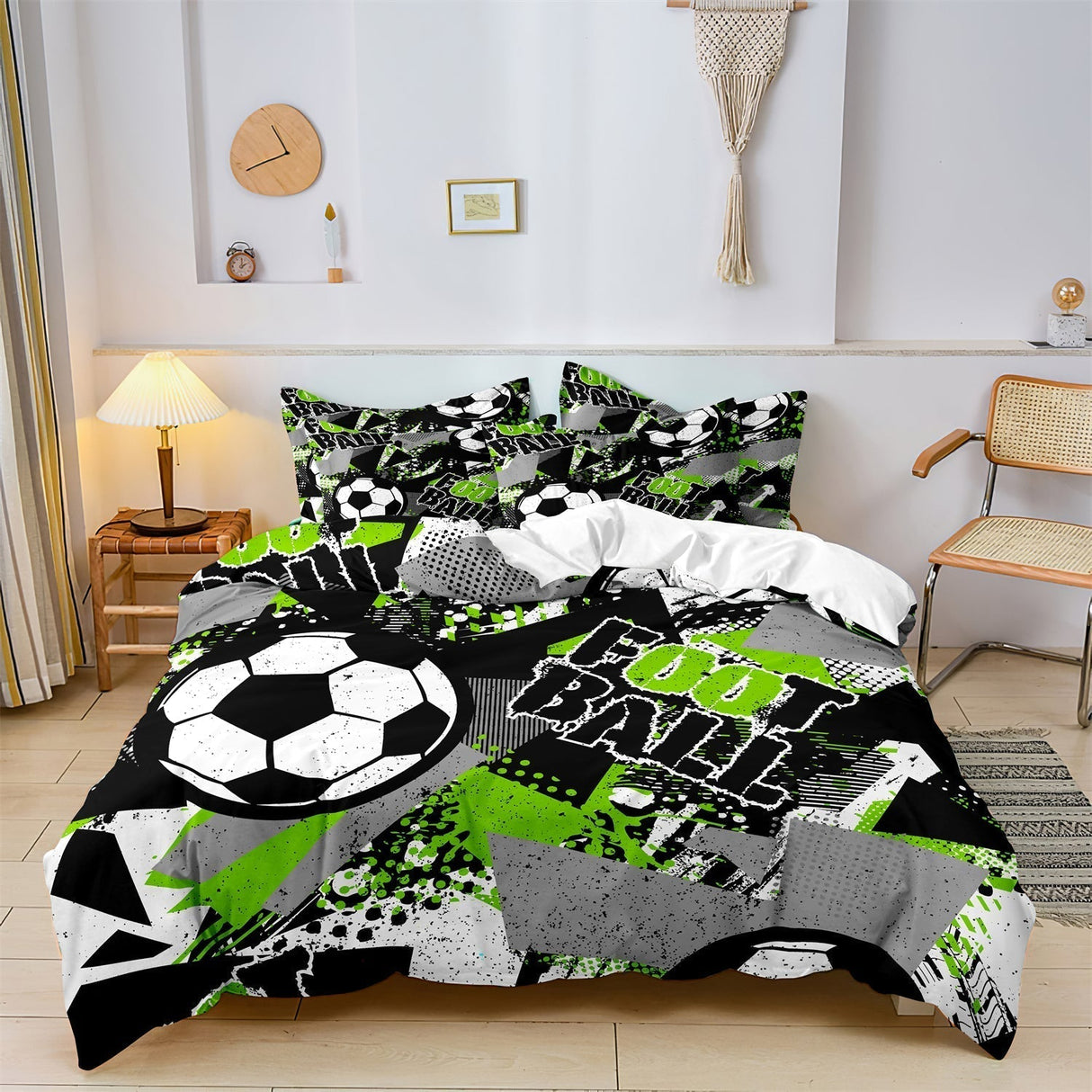 Football Duvet Cover Set  Soccer Pattern with Green Graffiti Design - Product showcase