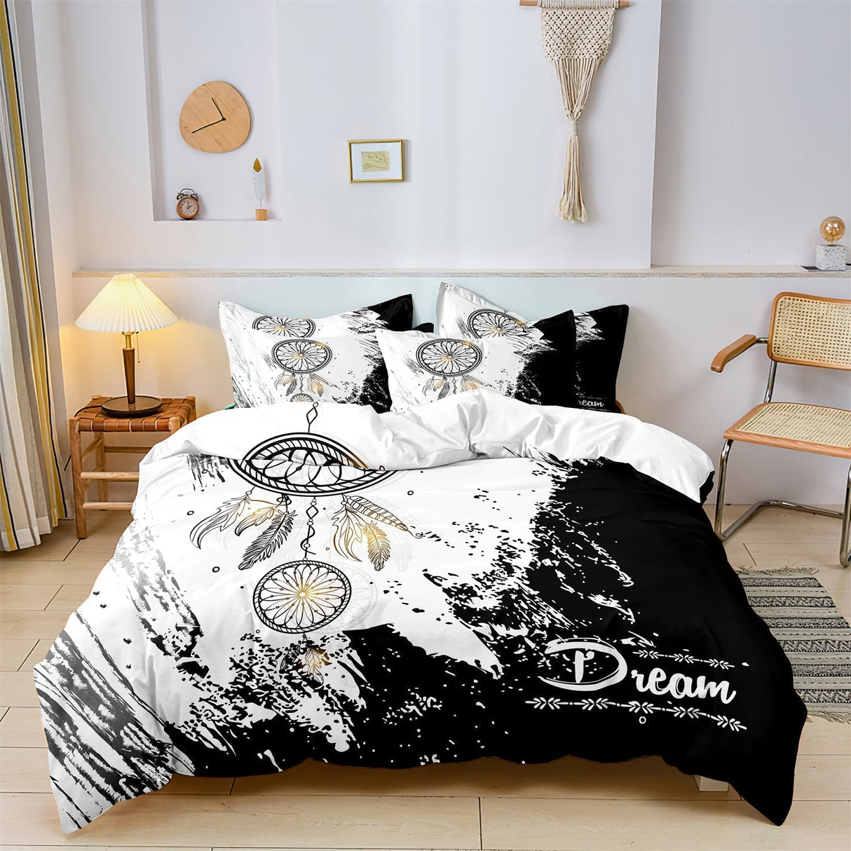 Bohemian Duvet Cover Set  Black White Dreamcatcher Design - Product showcase