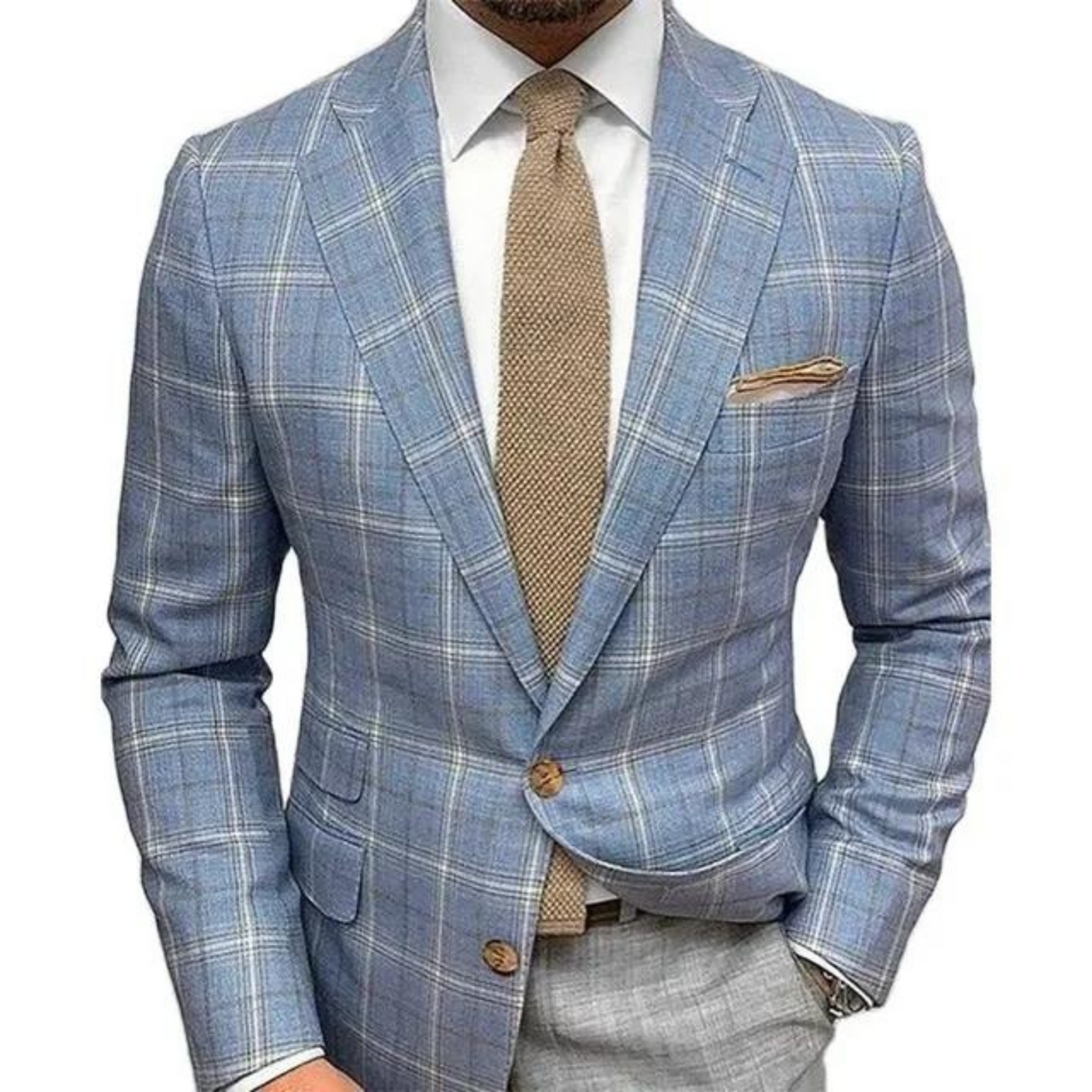 Classic Plaid Blazer Light Blue Windowpane Pattern - Product example