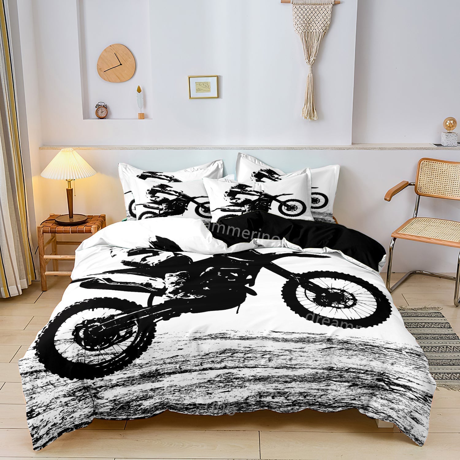 Motorcycle Duvet Cover Set  Black and White Motocross Design - Product showcase