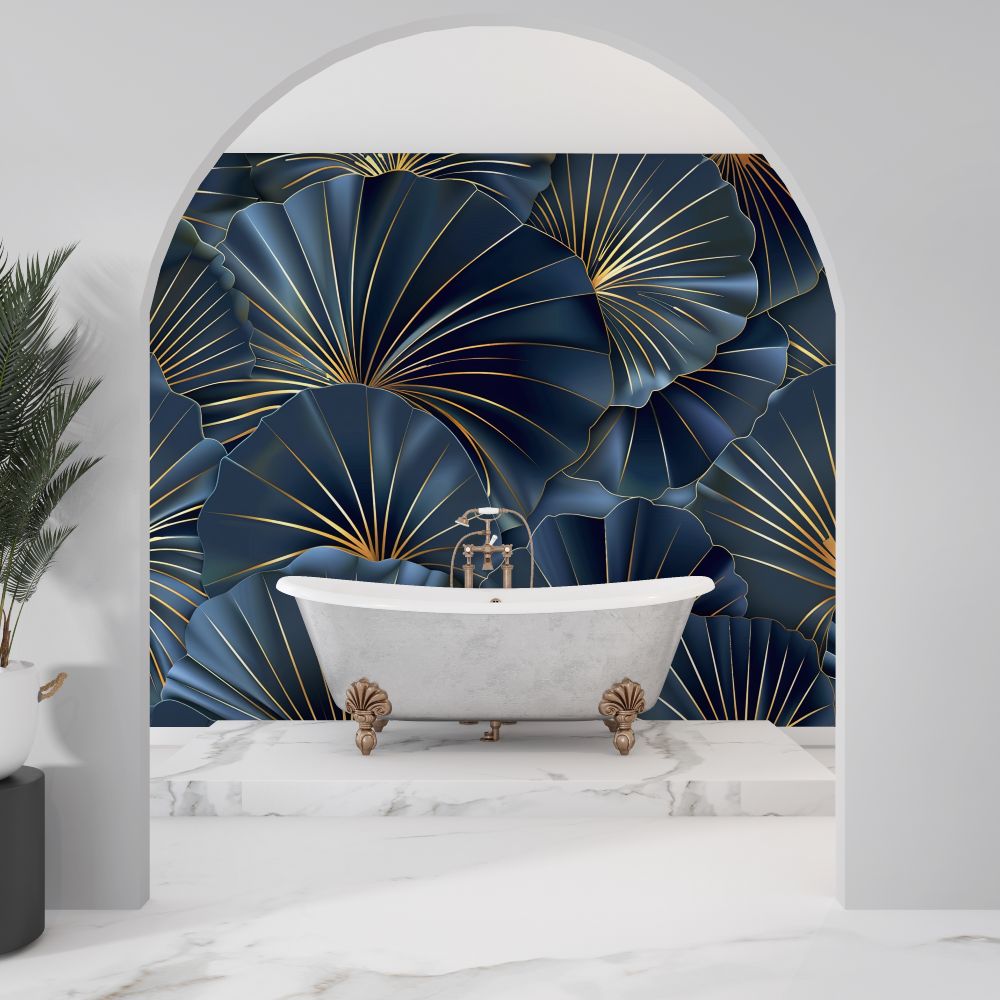 Art Deco Mural Wallpaper | Navy Blue and Gold Fan Pattern