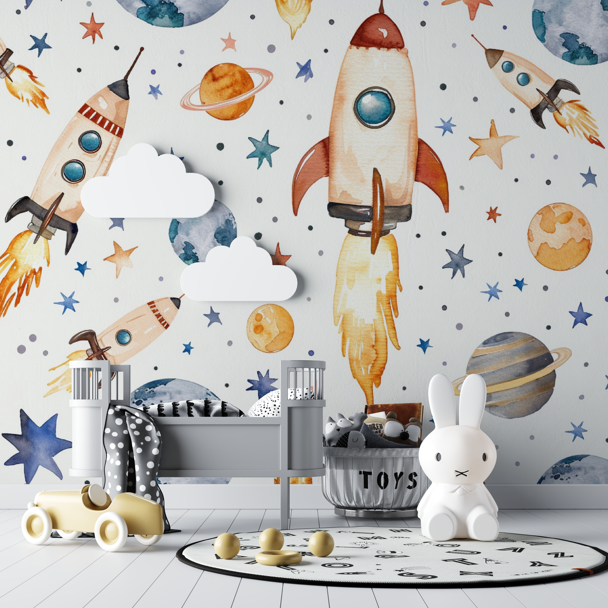Space Mural Wallpaper | Watercolor Rockets and Planets