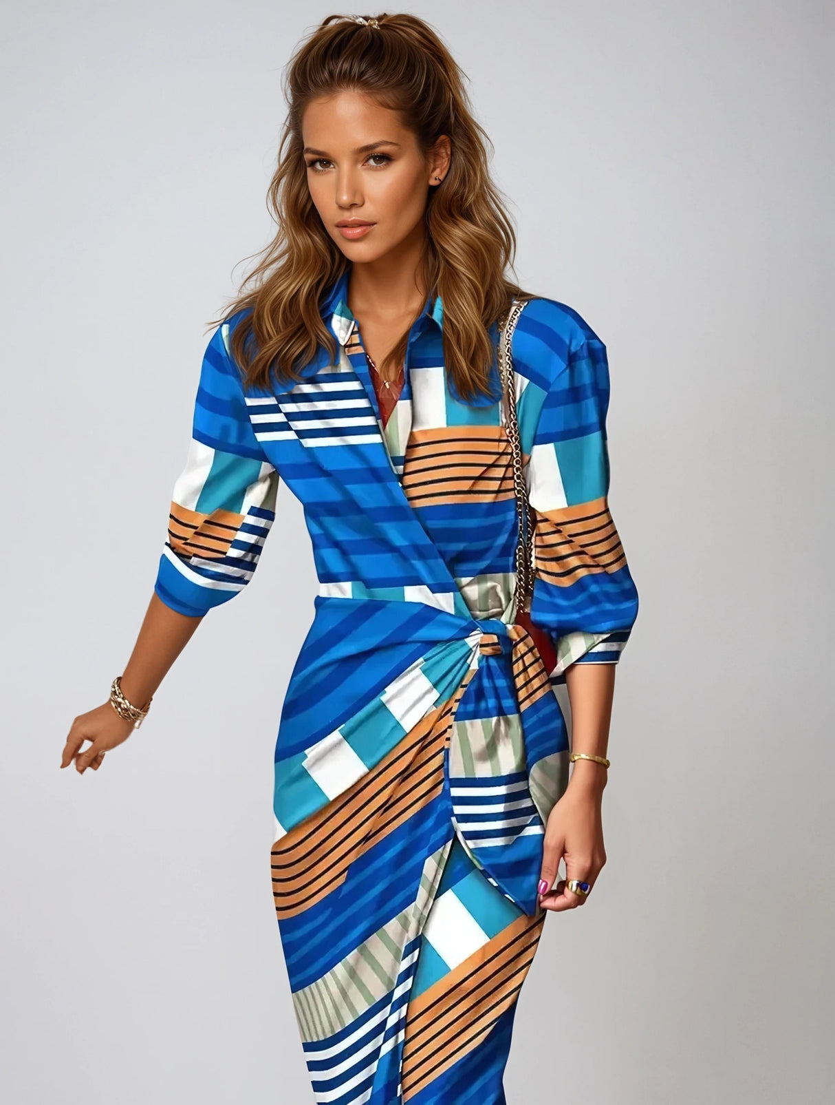 Striped Silk Maxi Dress Orange Pink Wrap Design - Product detail 4