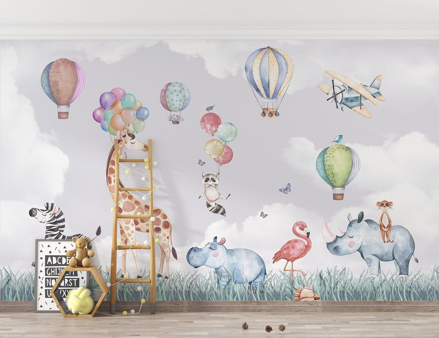 Papier Peint Mural Animaux Safari | Aventure en Montgolfière Aquarelle