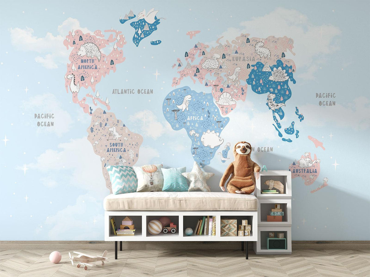 Papier Peint Mural Carte du Monde | Aventure de Dinosaures en Couleurs Pastel