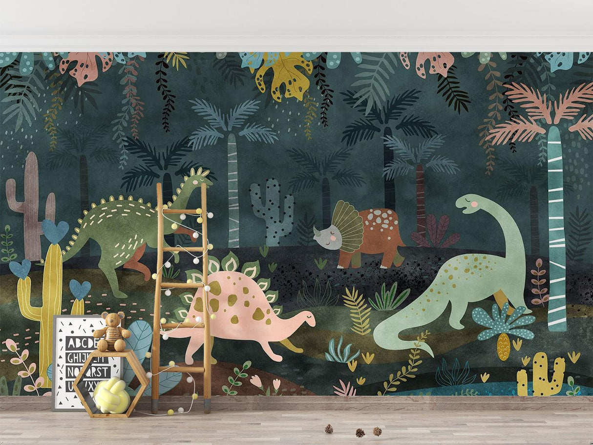 Dinosaurier Tapete | Dschungelabenteuer mit pastellfarbenen Figuren