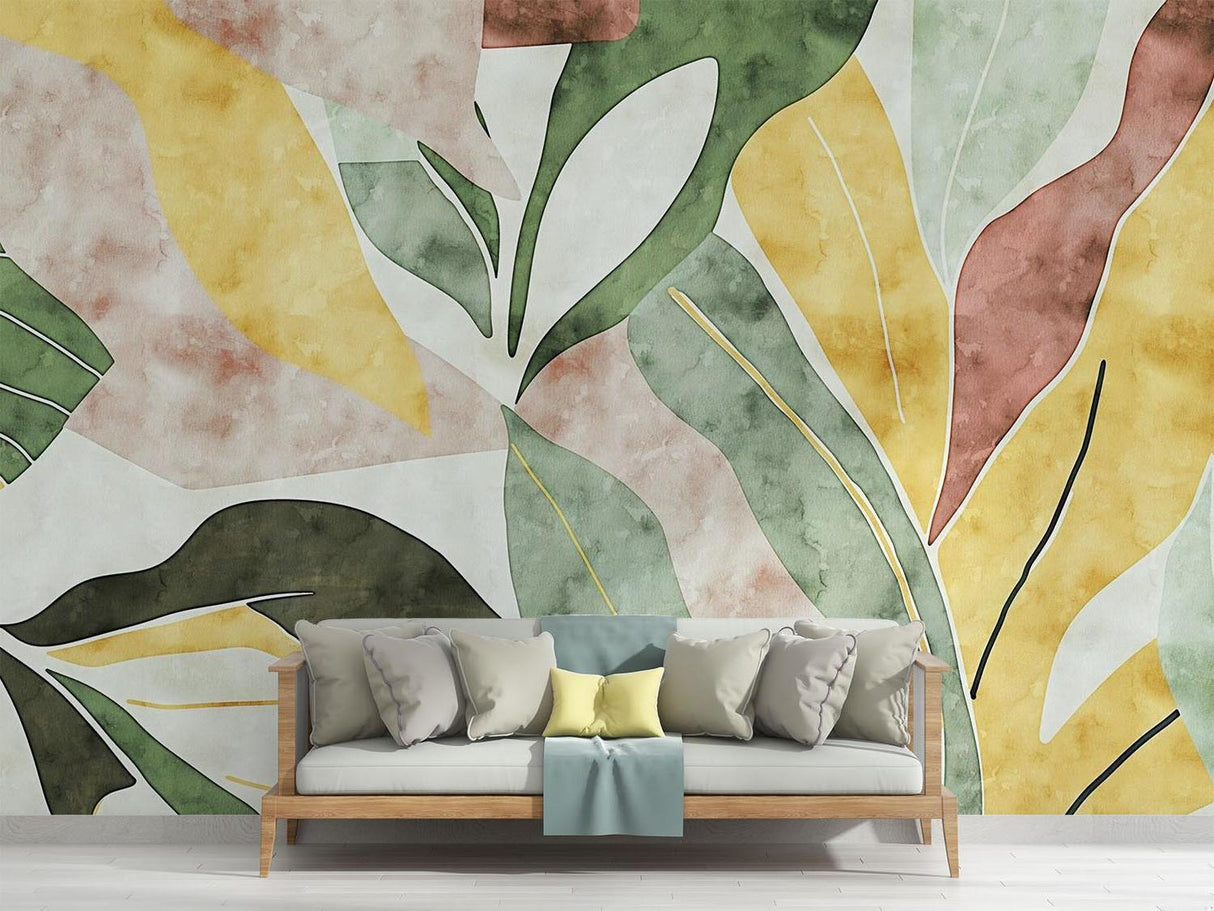 Papel Pintado Mural Tropical | Hojas Abstractas en Acuarela Amarillas y Verdes