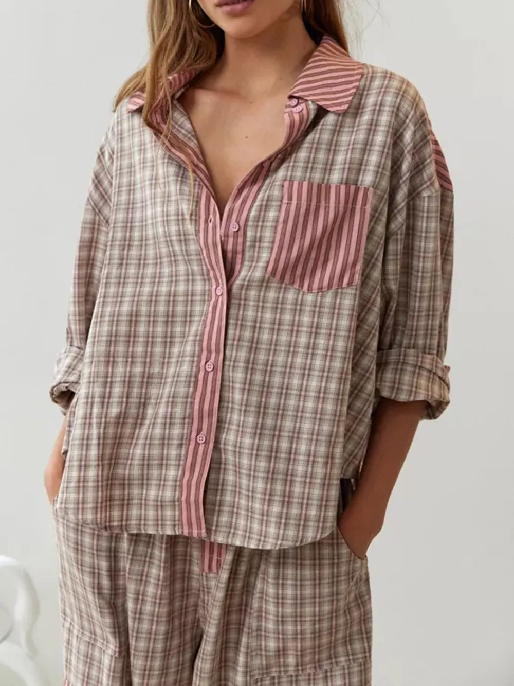 Cotton Blend Pajama Set Striped Pattern With Plaid Accents - Product detail 4