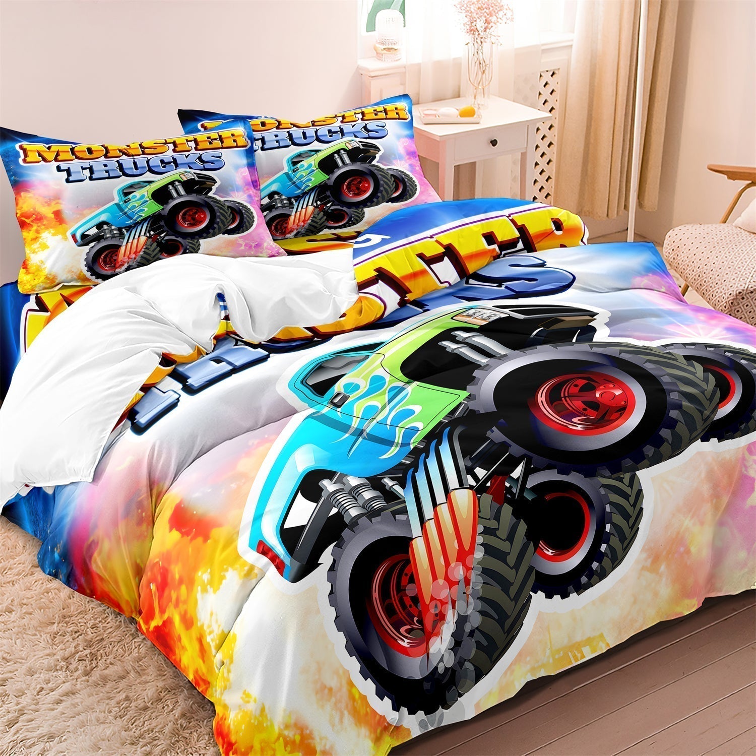 Kids Monster Truck Bedding Set  Racing Theme Cotton Duvet Cover - Product detail 4