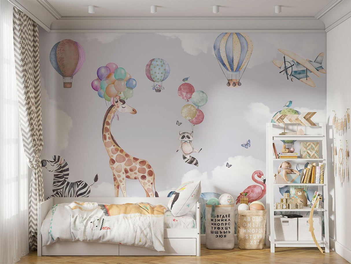 Papier Peint Mural Animaux Safari | Aventure en Montgolfière Aquarelle