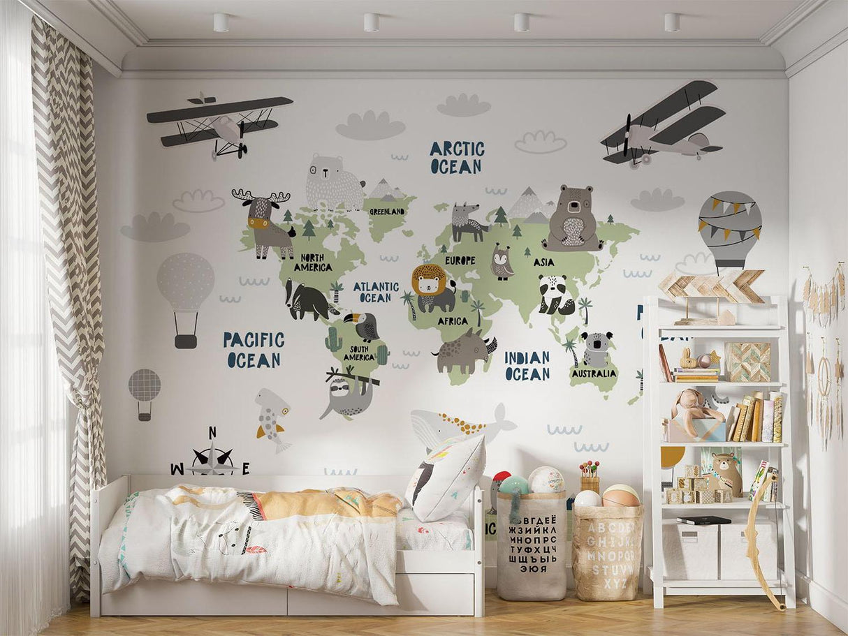Papier Peint Mural Carte du Monde | Thème Aventure Enfants avec Animaux