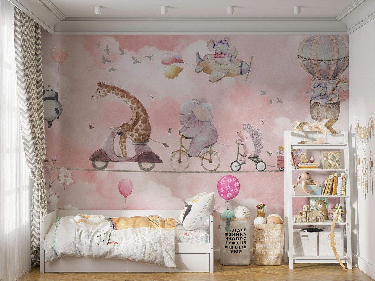 Papier Peint Mural Animaux pour Enfants | Parade d'Aventure dans le Ciel Rose