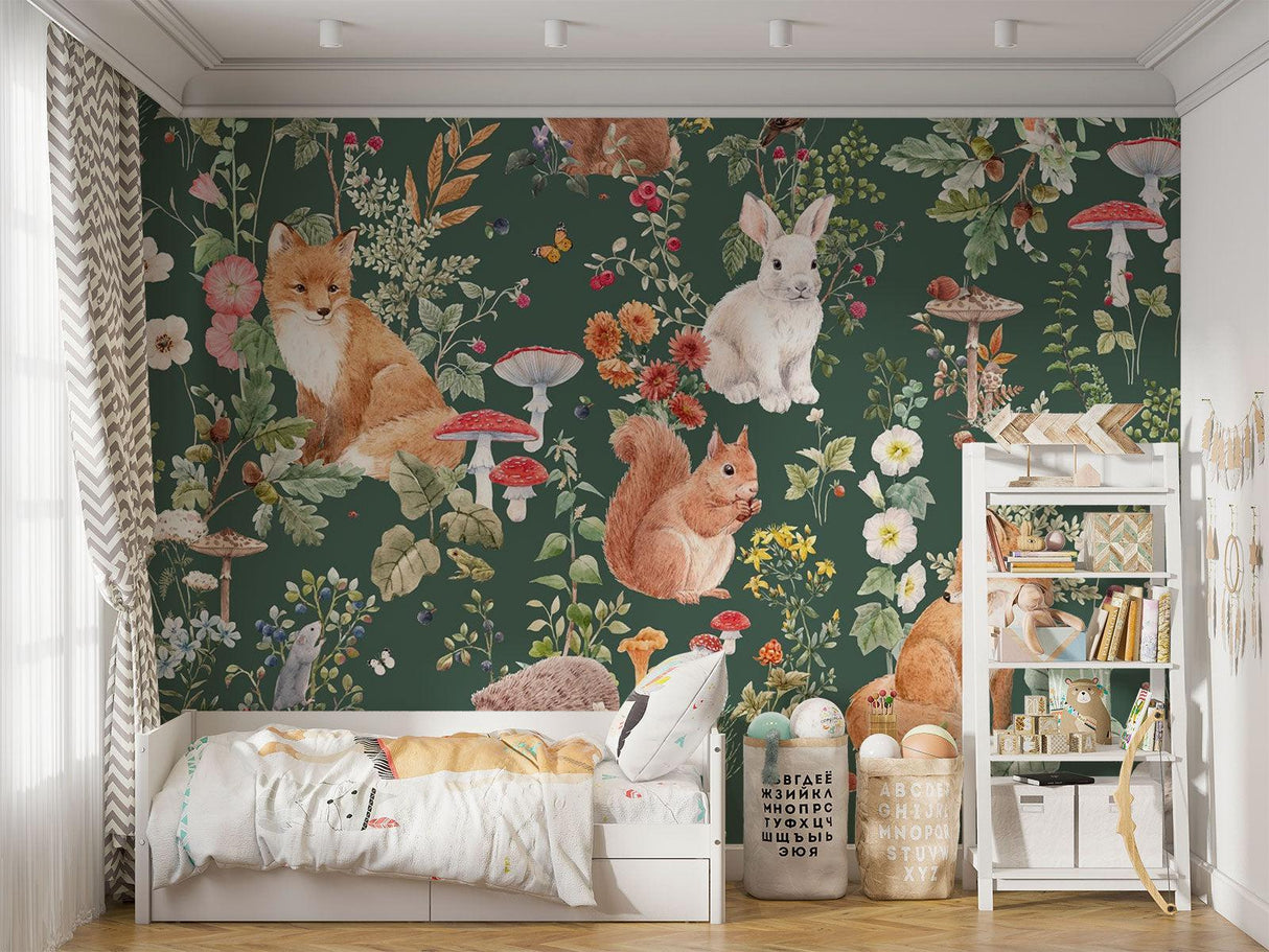 Forest Animals Mural Wallpaper | Woodland Creatures With Mushrooms