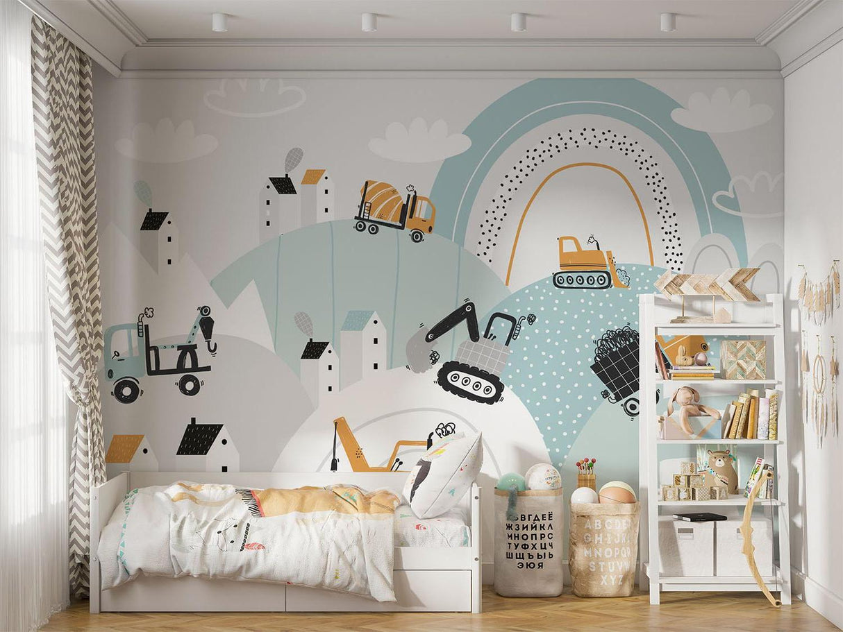 Byggetapet | Legesygt køretøjsscene med regnbue