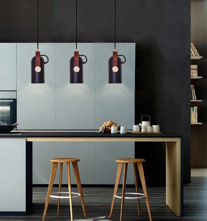 Modern Pendant Light Black Metal Wood Accent - Product example